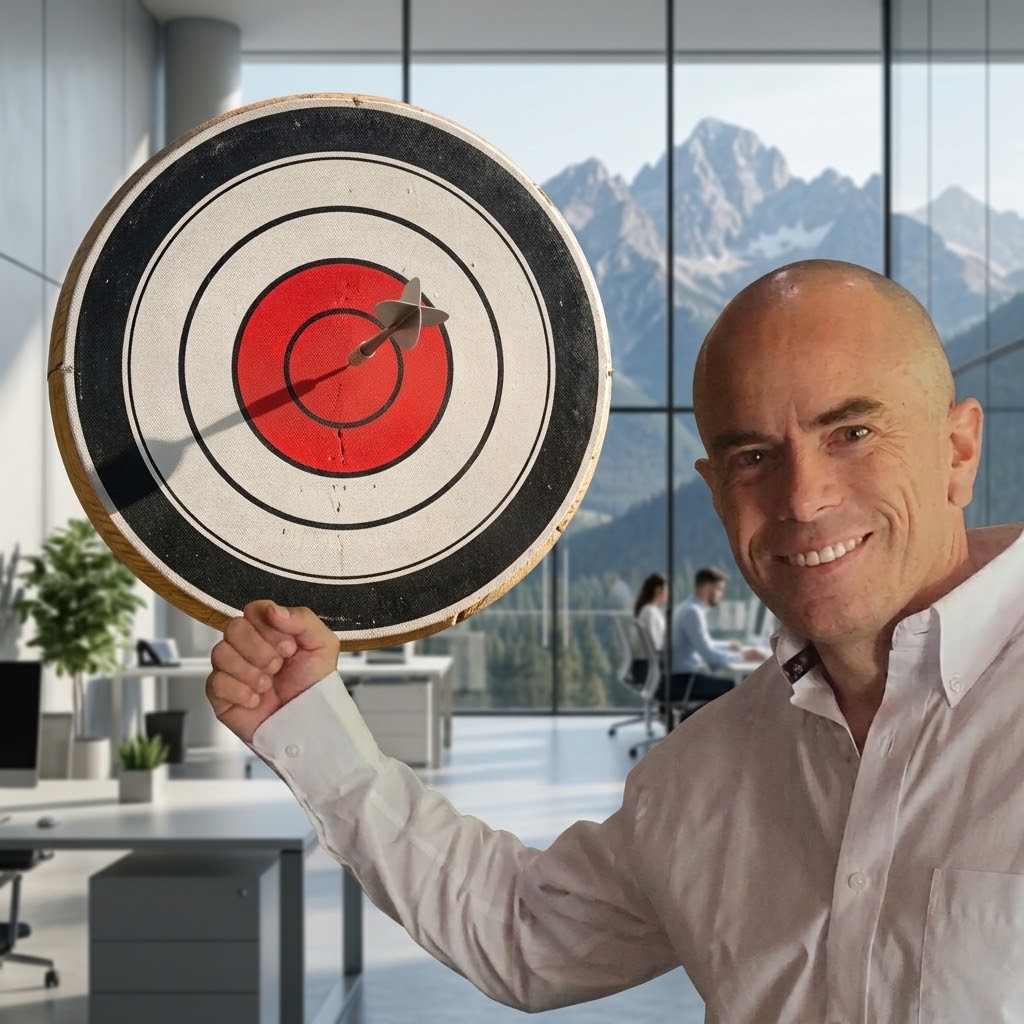 Juan Galarza smiling while holding an archery target